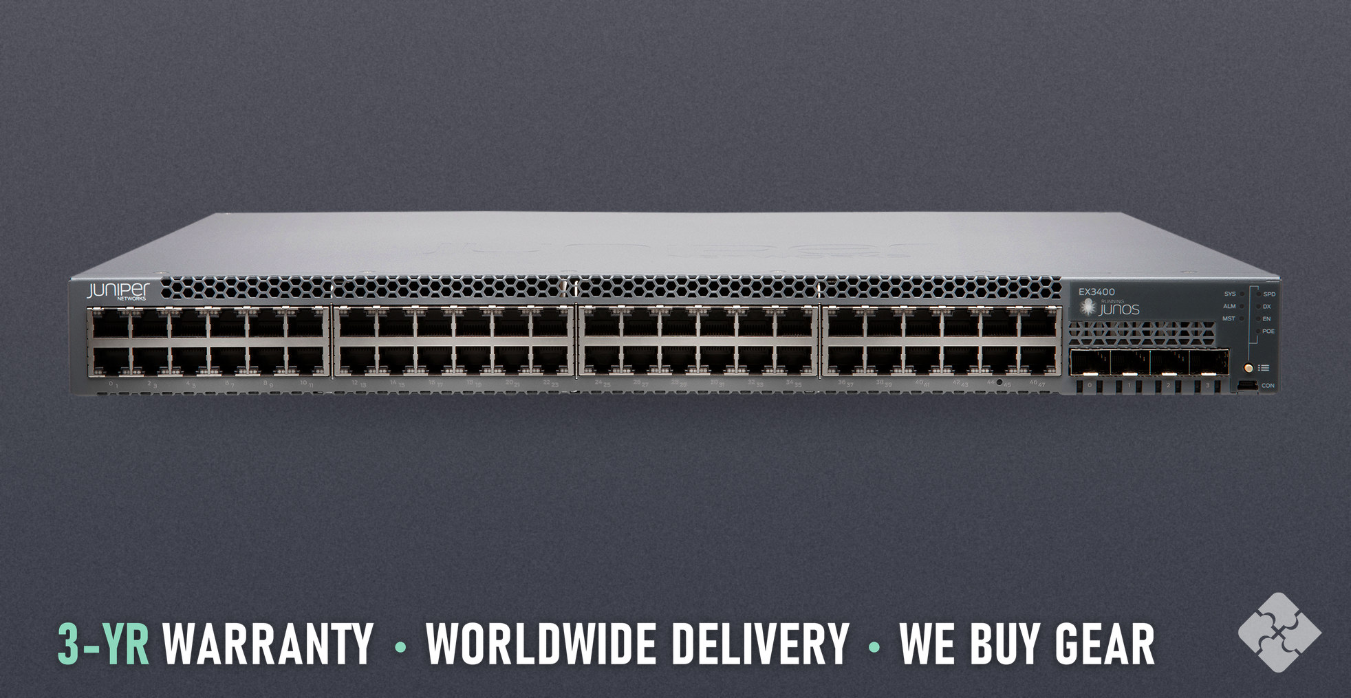 EX3400-48P Juniper EX3400 switch, 48x 1GbE PoE+ RJ45 and 2x 40GbE QSFP+