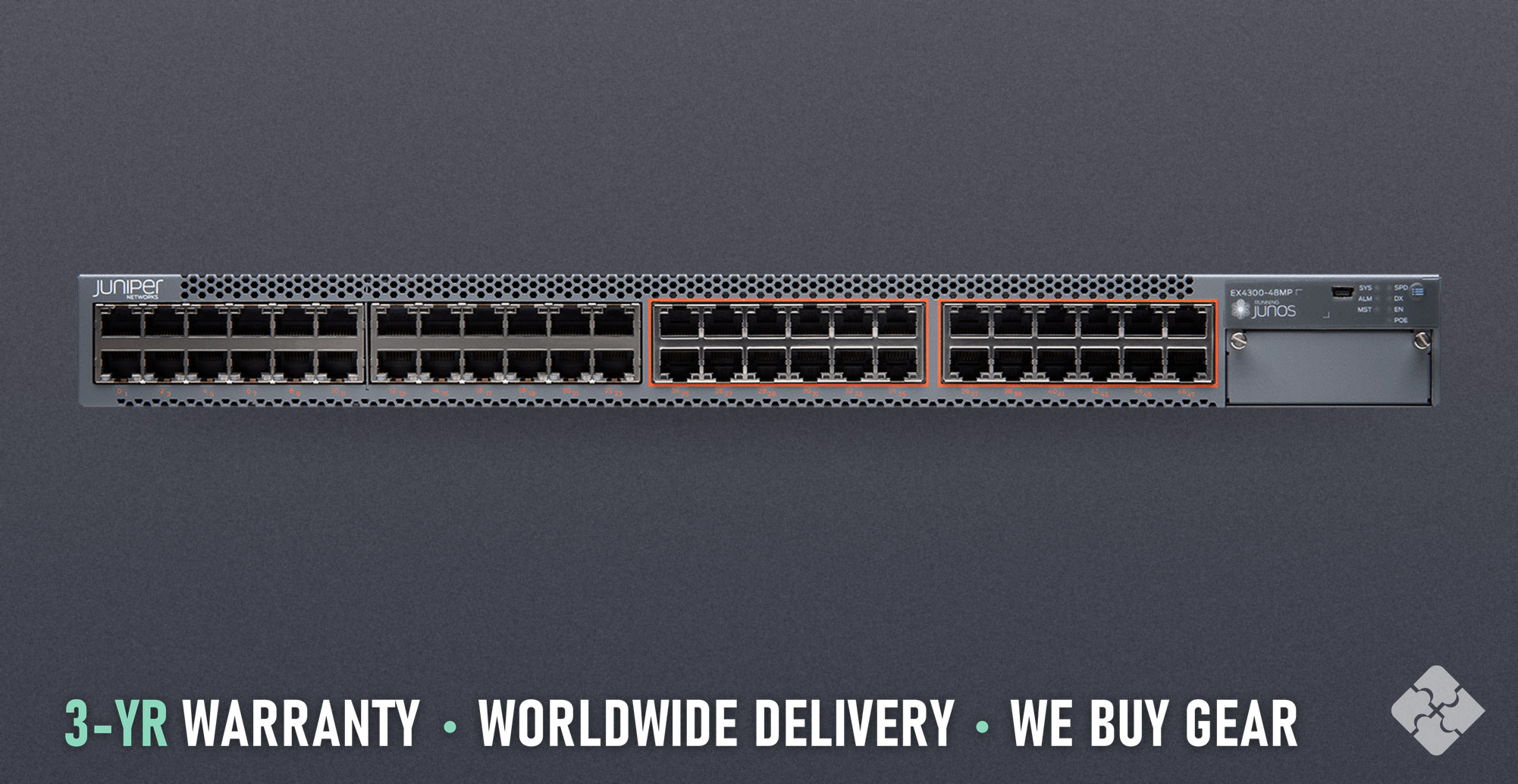 EX4300-48MP Juniper EX4300 switch, 48x 1GbE PoE++ RJ45 (24 × 10GbE) and 4x 40GbE QSFP+