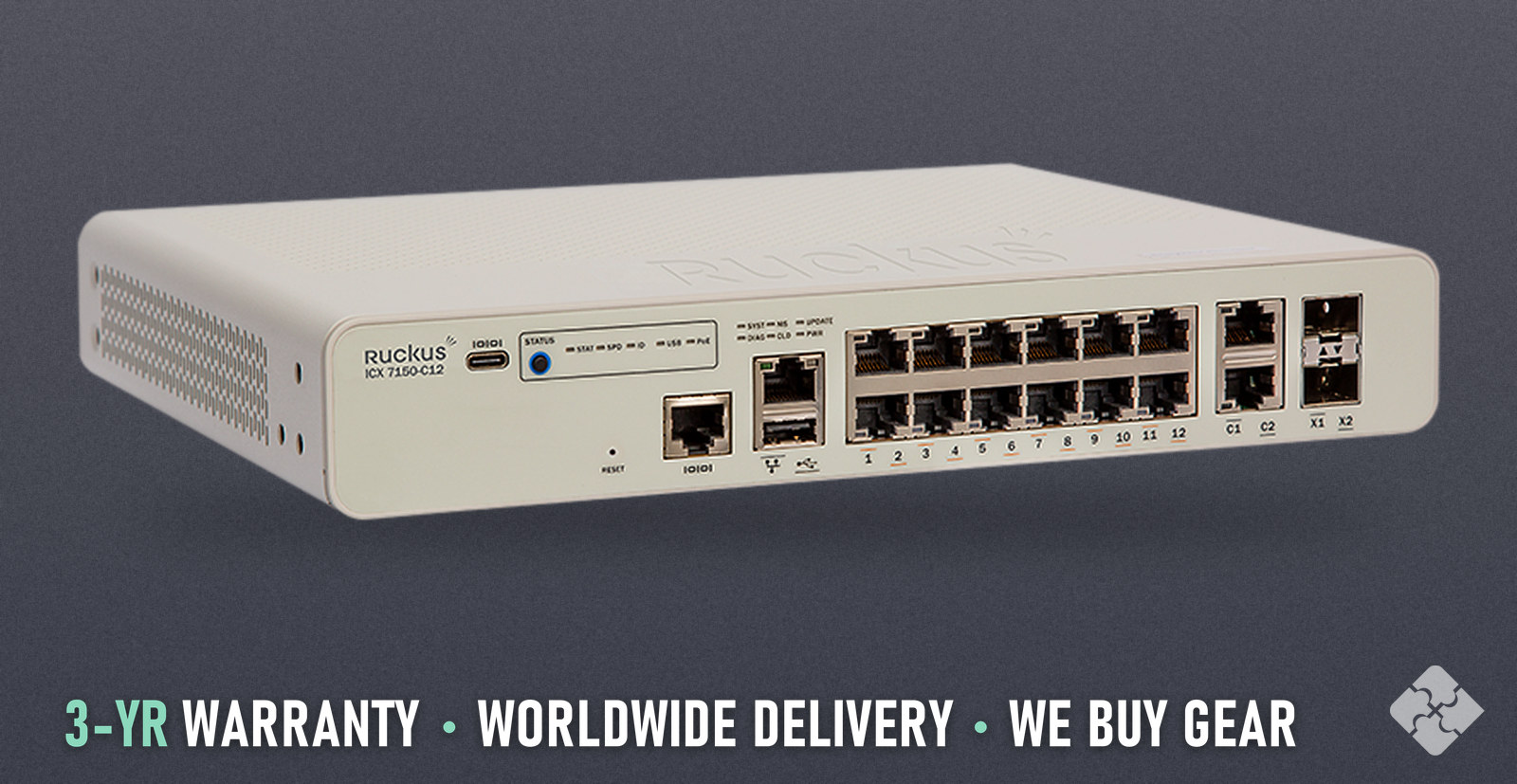 ICX7150-C12P-2X10GR Brocade ICX7150 switch, 12x 1GbE PoE+ RJ45 and 2x 10GbE SFP+