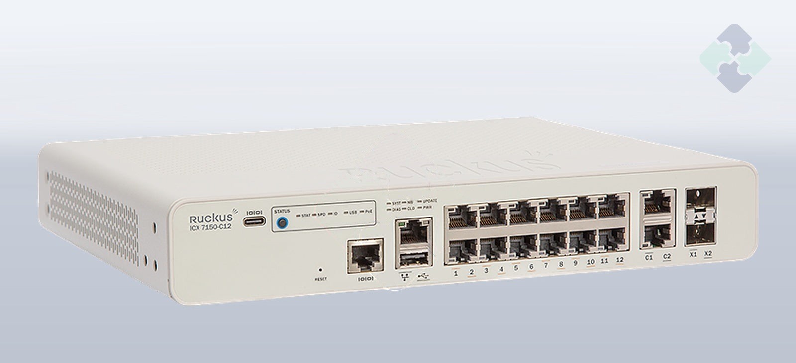 Brocade ICX7150-C12P-2X1G / 12 ports of 1GbE PoE+ RJ45 and 2 ports of 1GbE RJ45
