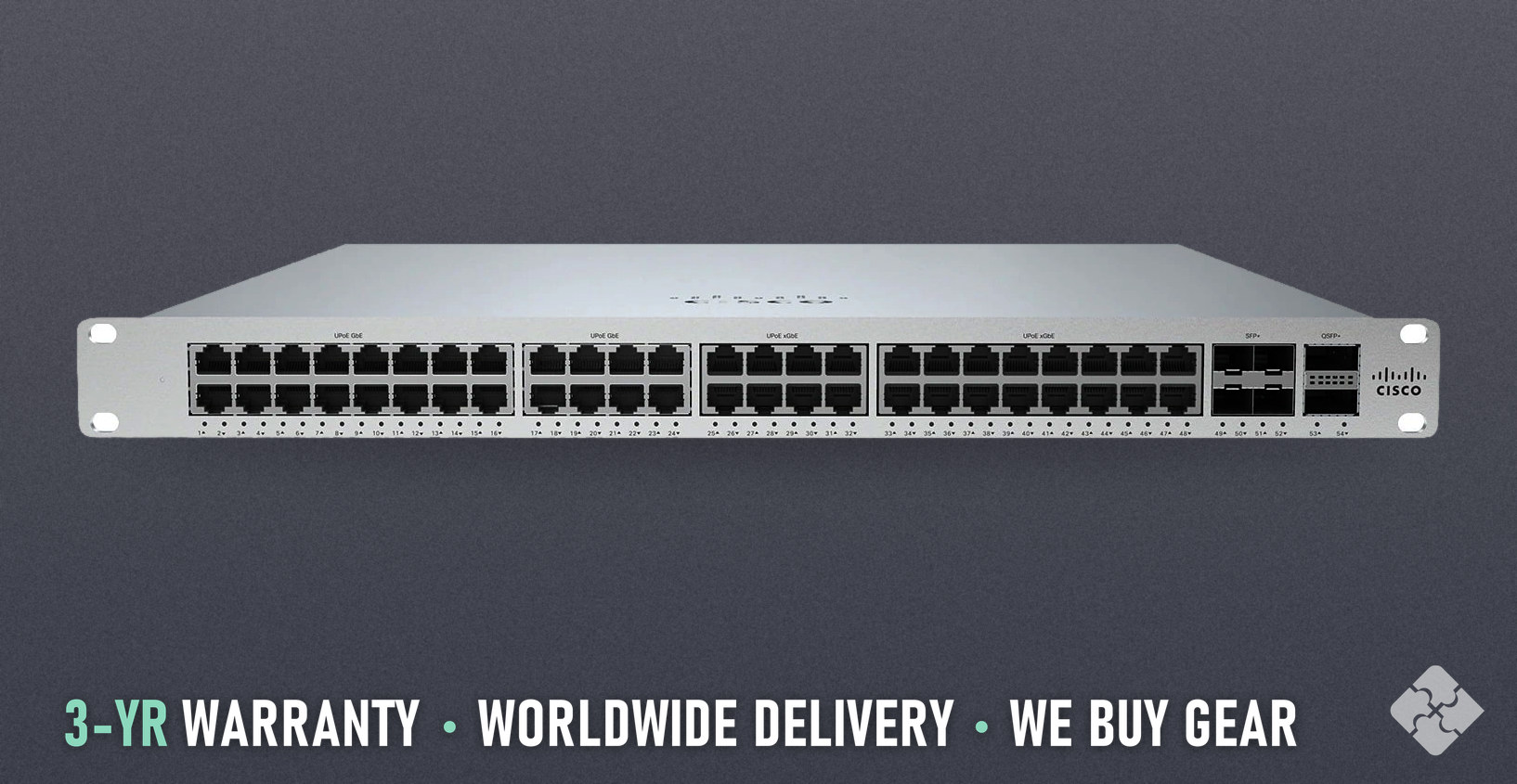 MS355-48X2-HW Meraki switch, 48x 1GbE RJ45 (24 × 10GbE) and 2x 100GbE QSFP28