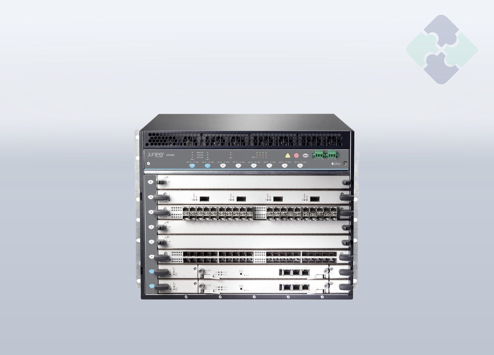 Juniper MX480BASE3-AC / MX480 3D Universal Edge Router base bundle, 6-slot chassis, 1 Routing Engine