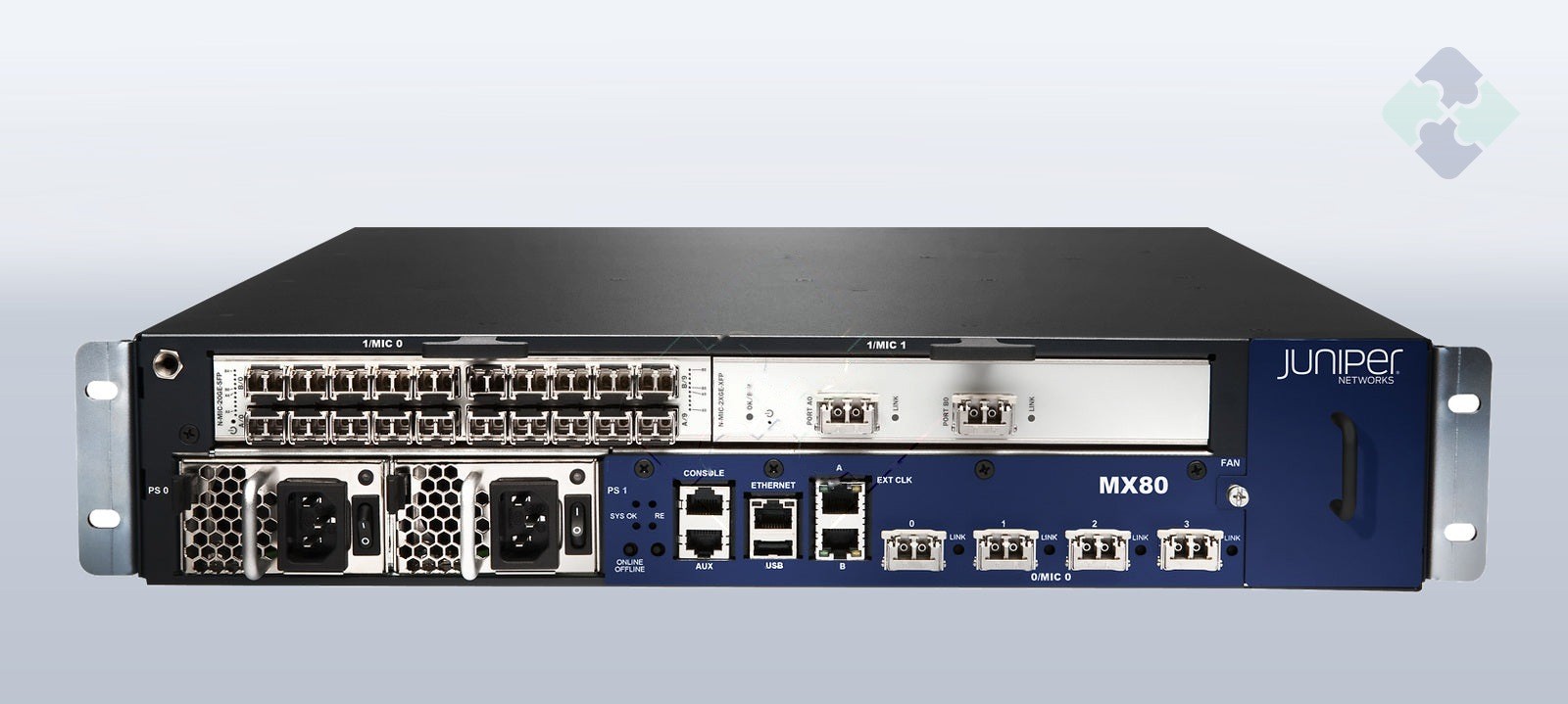 Juniper MX80-AC / MX80 router chassis, 4x 10GE XFP built-in, 2x PWR- 500W AC power supplies