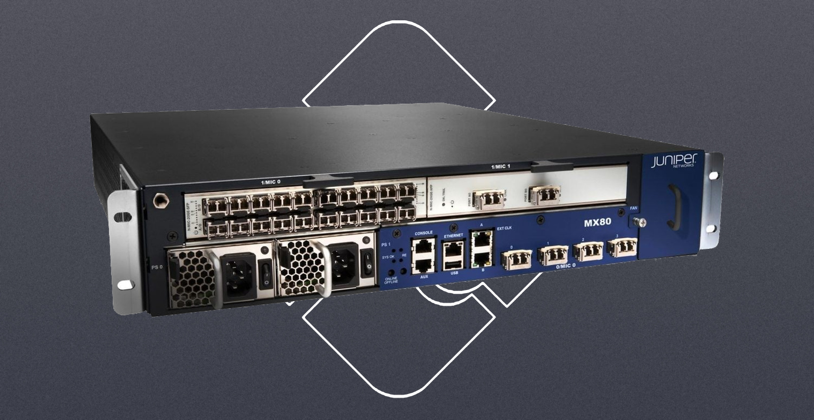 Juniper MX80-AC / MX80 router chassis, 4x 10GE XFP built-in, 2x PWR- 500W AC power supplies