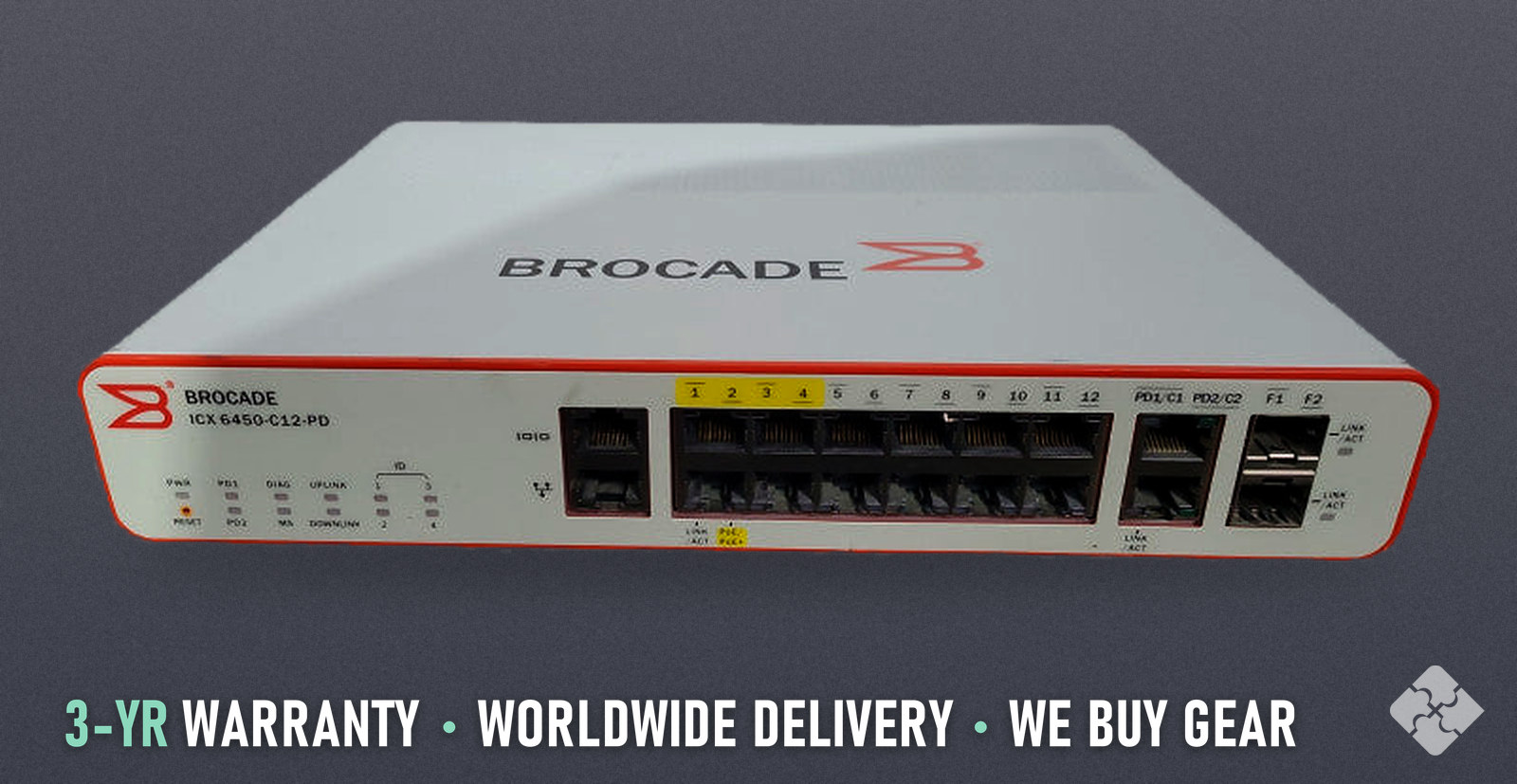 ICX6450-C12-PD Brocade ICX6450 switch, 12x 1GbE RJ45 and 2x 1GbE SFP
