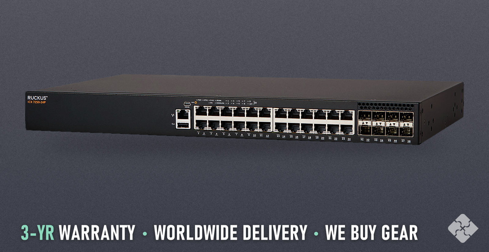 ICX7250-24P-8X10G Brocade Switch, AC Power, Used, 24x 1GbE PoE+ RJ45 and 8x 10GbE SFP+