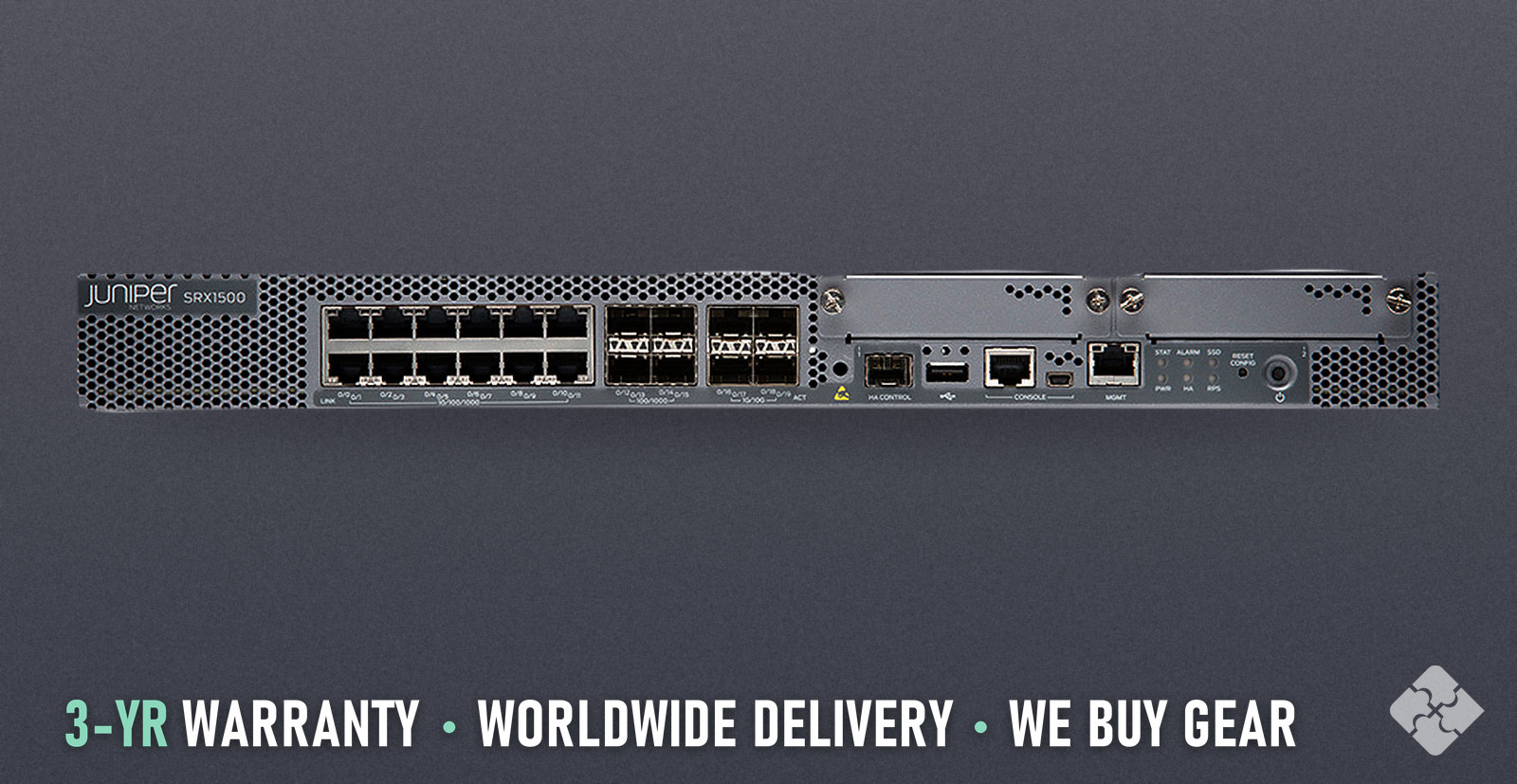 SRX1500-AC Juniper SRX1500 firewall, 12x 1GbE RJ45, 4x 1GbE SFP and 4x 10GbE SFP+